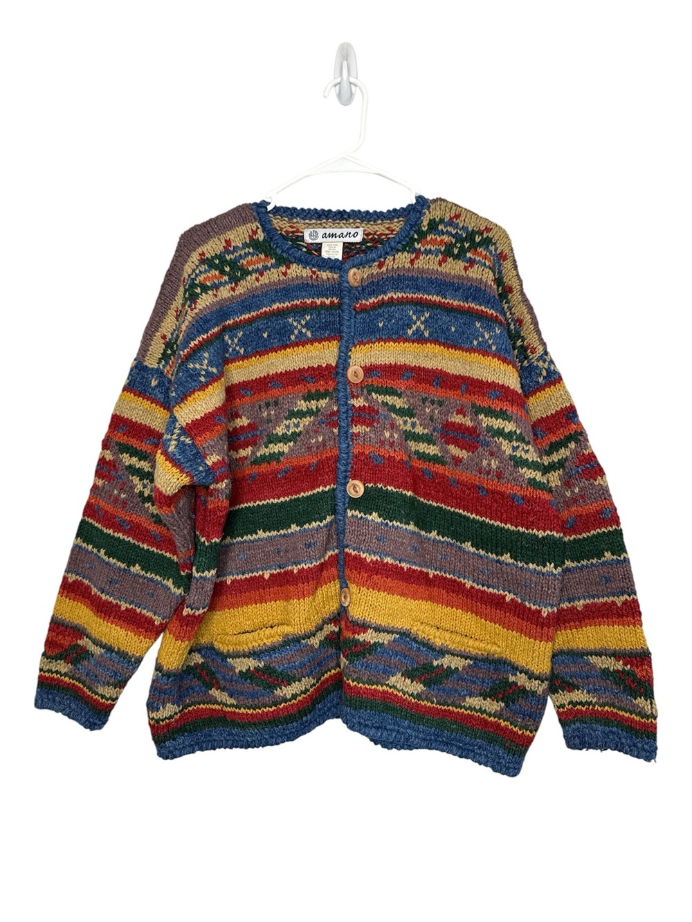 Vintage Rare Amano Hand Knit 100% Wool Rainbow Cardigan Sweater One Size